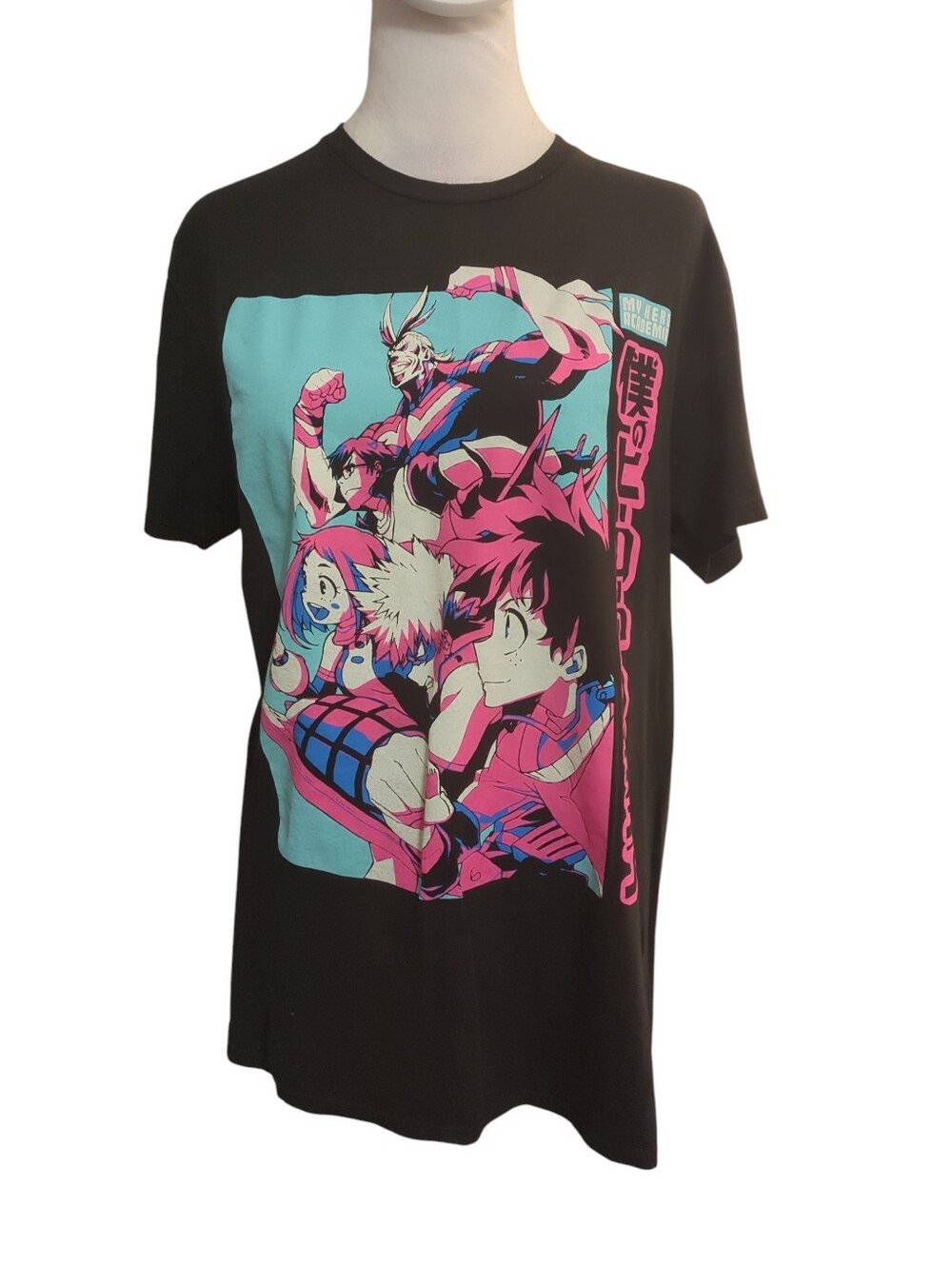 My Hero Academia Black My Hero Academia Graphic Tee with Pink & Teal Print